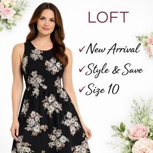 NWT Loft Black Floral Smocked Sleeveless Fit & Flare dress Size 10